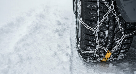 Car tire with snow chains on snowy ground for winter safety