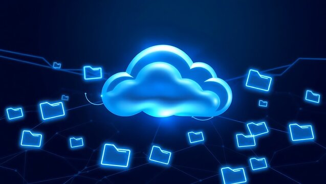 Glowing cloud surrounded by glowing folders connected by lines on a dark blue background