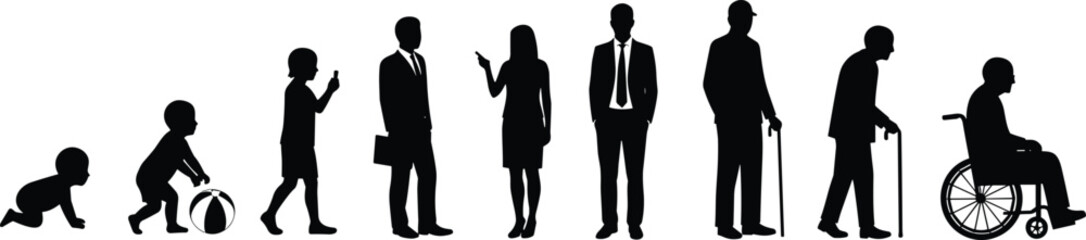 Silhouette illustration of human life stages, from crawling baby to senior in wheelchair, age progression concept, black vector timeline graphic