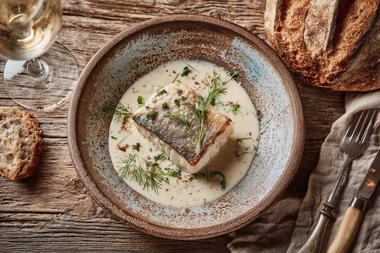 Rustic sandre au beurre blanc fish fillet with butter sauce in Loire Valley kitchen