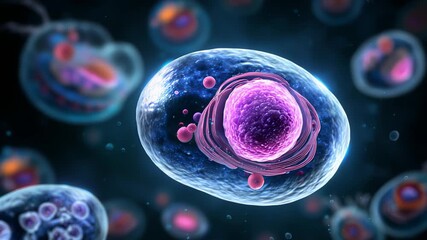 Single transparent cell with visible nucleus and organelles floating in dark fluid with other cells blurred in background. Concept of biological structure and life formation - Powered by Adobe