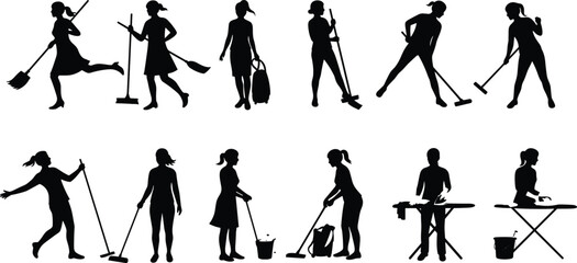 Silhouette of people cleaning, sweeping, vacuuming, mopping, ironing clothes, teamwork housework concept, domestic chores vector illustration, black design elements