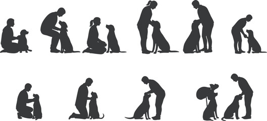 Silhouette of people with dogs, pet training and bonding activity, animal care concept, companionship illustration, obedience and interaction vector design