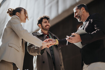 Three individuals are depicted exchanging a handshake with a positive atmosphere in a professional...