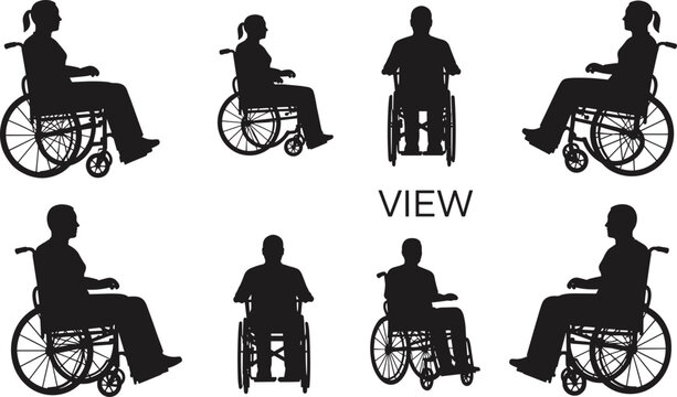 Silhouette of wheelchair users, inclusive mobility concept, healthcare accessibility design, disability representation, diverse perspectives vector illustration, medical support imagery