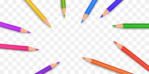 Vector set of colored pencils png. Back to school. Realistic set pencils for draw. Drawing collection for artwork. Vector illustration isolated on transparent background.