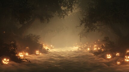 Mystical foggy halloween forest path with glowing jack-o'-lanterns
