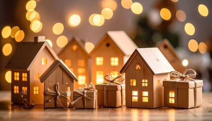 Cozy Wooden Houses with Gifts and Warm Lights