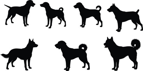 Silhouettes of diverse dog breeds, black vector illustration, pet-themed design concept, animal graphic outline for educational, commercial, creative use