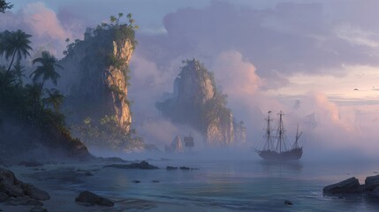 Mysterious tropical island at sunrise with tall cliffs and sailing ship in misty waters