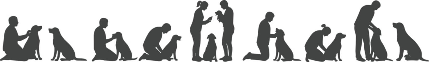 Silhouettes of dog training activities, pet care concept, human-animal interaction, bonding illustration, obedience and grooming, black vector art