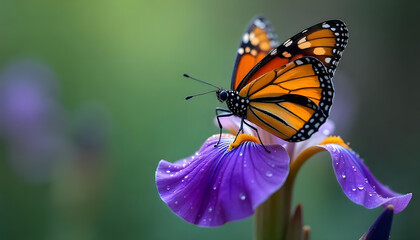 Naklejka premium Dewy Monarch Butterfly on Flower Petal – Macro Morning Light Bokeh Photography