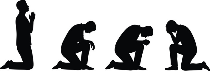 Silhouettes of kneeling person in prayer and meditation, spiritual devotion poses, black vector graphic, peaceful reflection, white background concept