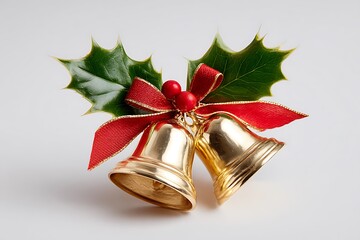 Golden Christmas Bells with Red Ribbon and Holly on a White Background