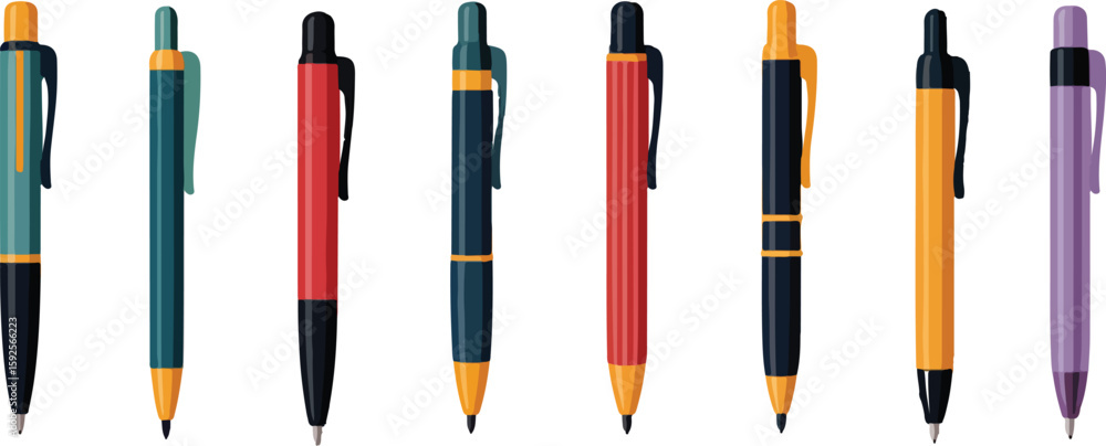 Poster assorted colorful pens with clips and metallic tips writing stationery vector bundle collection set 