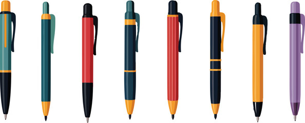 Assorted colorful pens with clips and metallic tips writing stationery vector bundle collection set pack template elements icons clipart illustration editable flat minimal modern banner poster png eps