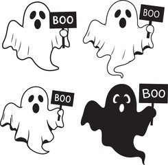 Four cute ghost characters holding boo signs silhouette