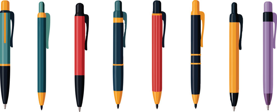 Assorted colorful pens with clips and metallic tips writing stationery vector bundle collection set pack template elements icons clipart illustration editable flat minimal modern banner poster png eps