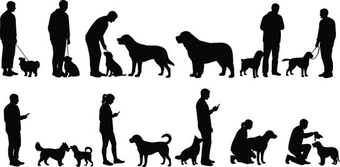 Silhouettes of people walking, training dogs, playing, interacting with pets, companionship, outdoor activities, smartphone usage, black vector design