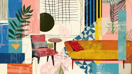 Abstract modern furniture mid-century collage interior scene with geometric shapes and textured background with paint splashes
