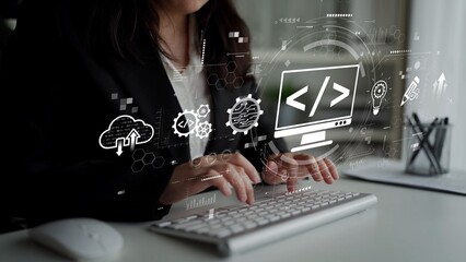 Modern web development concept featuring coding symbols, web development process, web development...