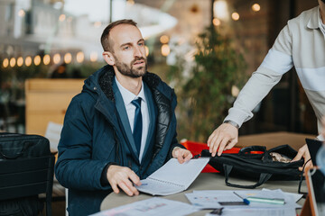 A businessperson wearing formal attire sitting at an outdoor cafe table with documents and a...
