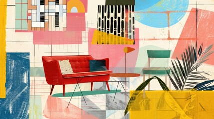 Abstract modern furniture mid-century collage interior scene with geometric shapes and textured background with paint splashes