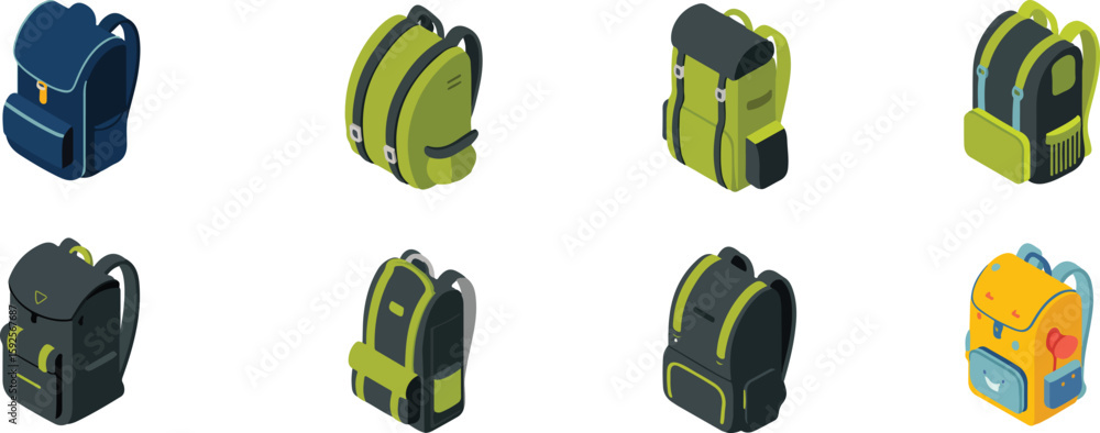 Aufkleber assortment of colorful backpacks displayed in isometric view blue green vector bundle collection set