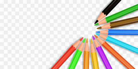 Vector set of colored pencils png. Back to school. Realistic set pencils for draw. Drawing collection for artwork. Vector illustration isolated on transparent background.