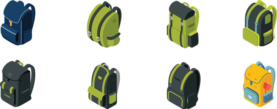 Assortment of colorful backpacks displayed in isometric view blue green vector bundle collection set pack template elements icons clipart illustration editable flat minimal modern banner poster png ep