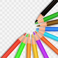 Vector set of colored pencils png. Back to school. Realistic set pencils for draw. Drawing collection for artwork. Vector illustration isolated on transparent background.