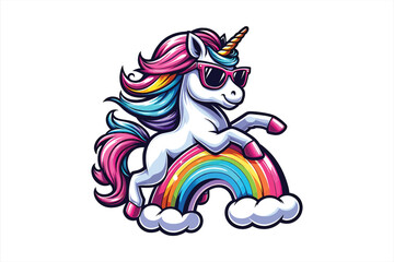 A unicorn with sunglasses, riding a rainbow Vector Design, isolated on a white background