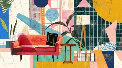 Abstract modern furniture mid-century collage interior scene with geometric shapes and textured background with paint splashes