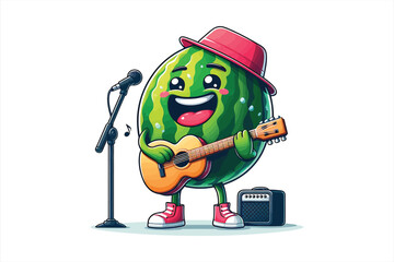 Fototapeta premium A watermelon with a big grin, playing a guitar on stage Vector Design, isolated on a white background