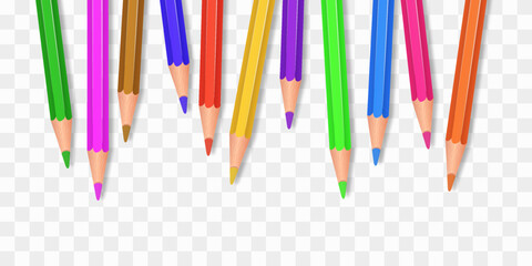 Vector set of colored pencils png. Back to school. Realistic set pencils for draw. Drawing collection for artwork. Vector illustration isolated on transparent background.