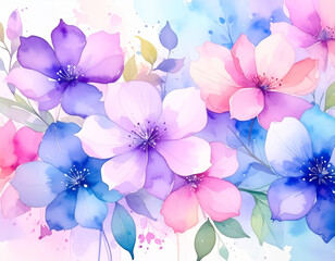 watercolor floral pattern with soft green and blue leaves. Hand-painted in a delicate, translucent style on a white background. Elegant, natural, and calming design suitable for fabric