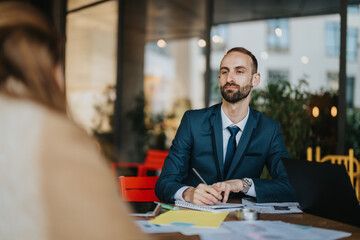 A confident professional having a conversation in an office, emphasizing teamwork and business...