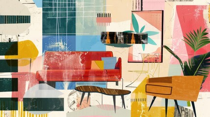 Abstract modern furniture mid-century collage interior scene with geometric shapes and textured background with paint splashes