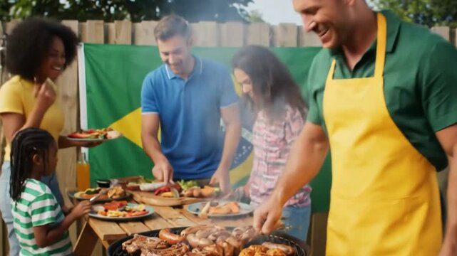Brazilian barbecue with meat skewers and sausages cooking on a grill with the brazilian flag behind it