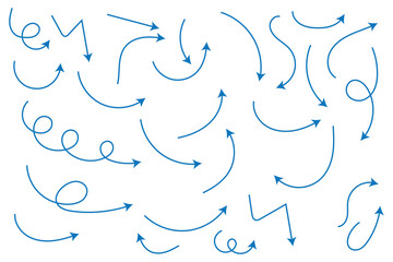 Hand drawn arrows icon set. Sketch curved arrows design. Arrow handmade. Doodle arrows of varios shapes and directions. Pointer and cursor icons.