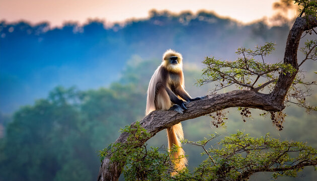 a magical take on a serene image of a langoor perched on a tree branch