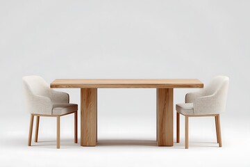 Minimalist dining set featuring a wooden table and two upholstered chairs