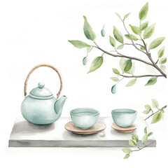 Serene Watercolor Tea Set with Branch Featuring Teapot and Two Cups