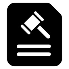 Black vector icon of document with judge's gavel on it