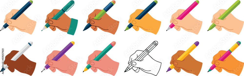 Poster hands holding writing instruments in various colors pencil vector bundle collection set pack templat