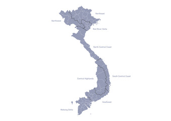 グレー色のベトナムの行政区分地図（英語の地名記載）　（Map of  Vietnam in English）