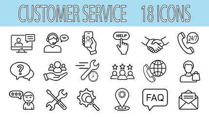 Customer Service Vector Icon Set | Outline | Support, Communication, Help, Call Center, FAQ