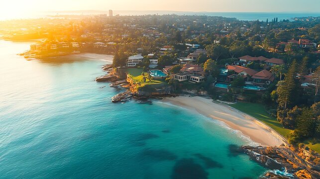 Golden hour aerial view of a serene coastal beach with luxury homes nestled amongst lush greenery