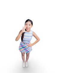 A young Asian woman from a high angle, shouting or making an announcement with her hand cupped to...