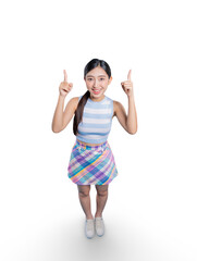 An excited young Asian woman from a high angle, pointing upwards with both hands to draw attention...